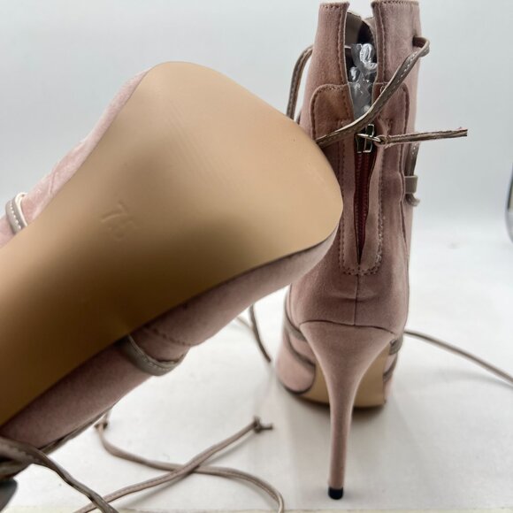 YDN Beige Peep Toe Faux Suede Ankle Booties Platform High Heels Lace Up Shoe - Picture 6 of 8